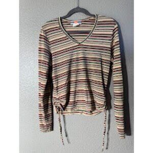 Womens Juniors Weavers Girl‎ Y2K Pink Striped Long Sleeve V Neck Tee Size L